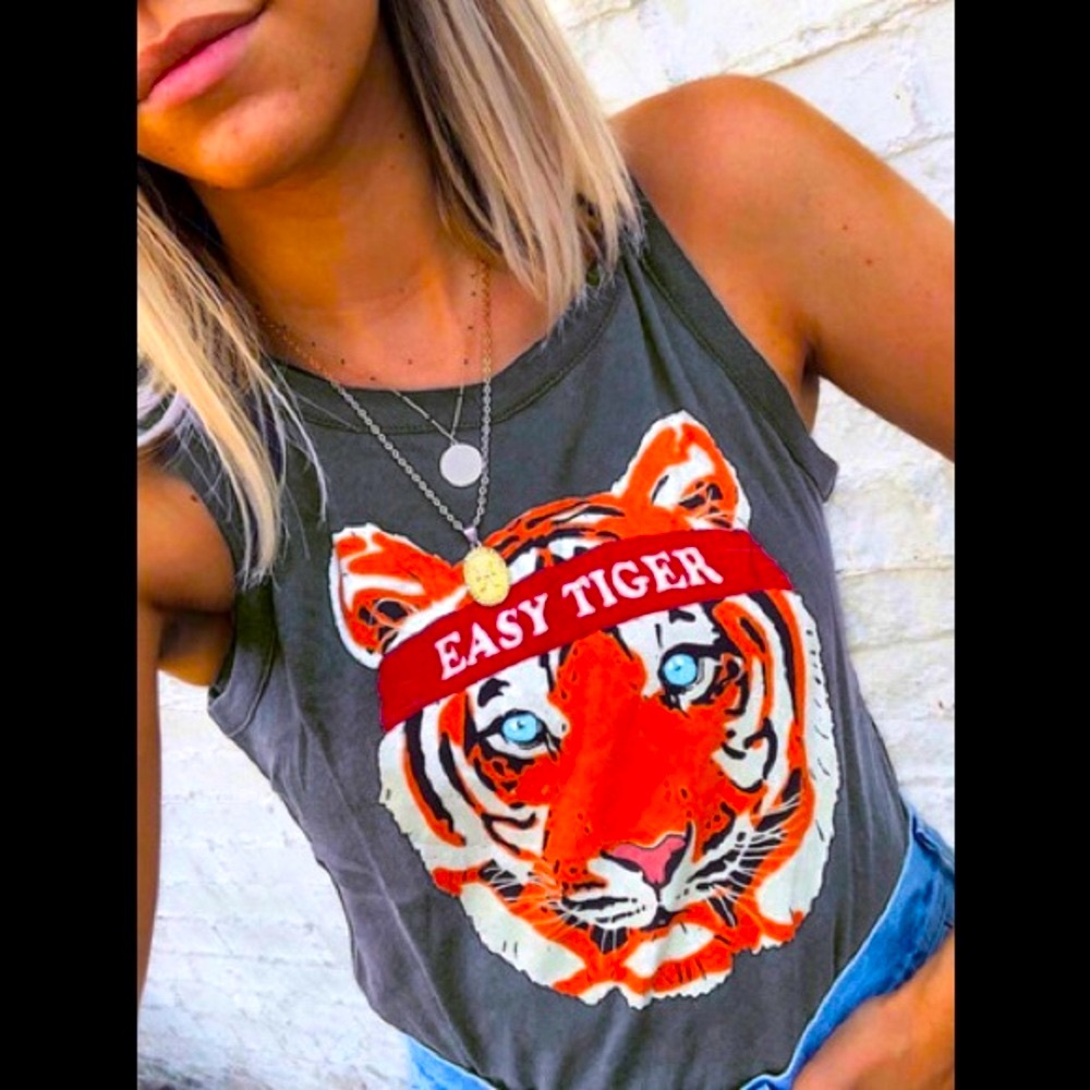 Easy Tiger Graphic Tank Top - Charcoal with Orange Tiger